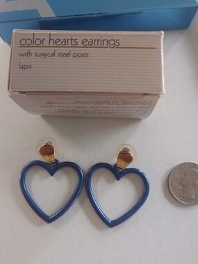 Vintahe Avon Blue Heart Drop Earrings with Gold-Tone Accents